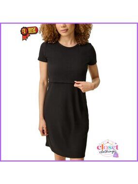 Ribbed Maternity Nursing Dress Breastfeeding Short Sleeve